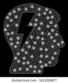 Bright mesh brainstorming with glow effect. Abstract illuminated model of brainstorming icon. Shiny wire carcass polygonal mesh brainstorming abstraction in vector format on a black background.