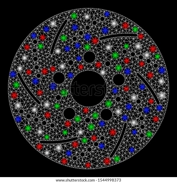 Bright mesh brake disk with glow effect. White
wire carcass triangular mesh in vector format on a black
background. Abstract 2d mesh designed with triangular lines, dots,
colored light spots.