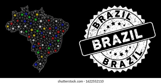 Bright mesh Brazil map with glare effect, and watermark. Wire frame polygonal Brazil map mesh in vector format on a black background. White round rubber seal with scratched textures.