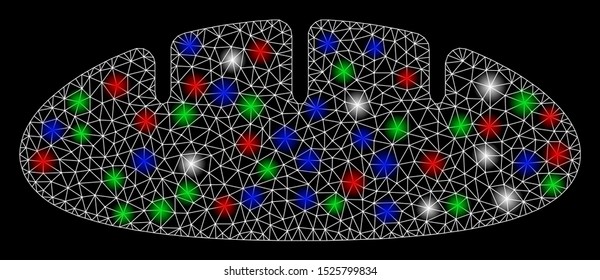 Bright mesh bread with glare effect. White wire carcass polygonal mesh in vector format on a black background. Abstract 2d mesh designed with triangular lines, spheric points, colorful flash spots.