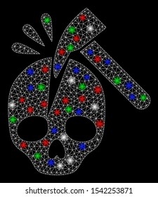 Bright mesh break skull with glow effect. White wire carcass polygonal mesh in vector format on a black background. Abstract 2d mesh built from polygonal grid, small circle, colorful glare spots.