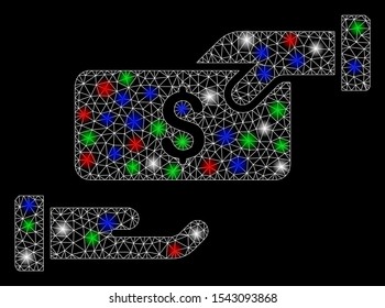Bright mesh bribe with glare effect. White wire carcass polygonal mesh in vector format on a black background. Abstract 2d mesh built from polygonal grid, dots, colored glare spots.
