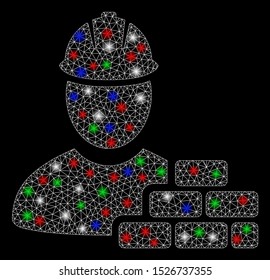 Bright mesh brick builder with glow effect. White wire frame triangular mesh in vector format on a black background. Abstract 2d mesh designed with triangular lines, points, colorful flare spots.