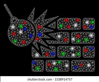 Bright mesh brick wall destruction with glare effect. White wire carcass polygonal mesh in vector format on a black background. Abstract 2d mesh created from polygonal grid, small circle,