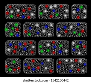 Bright mesh brick wall with glow effect. White wire frame polygonal mesh in vector format on a black background. Abstract 2d mesh built from polygonal grid, dots, colored flash spots.