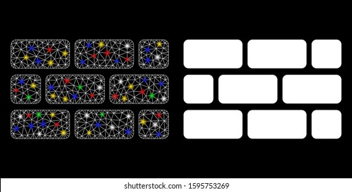 Bright mesh brick wall icon with lightspot effect. Abstract illuminated model of brick wall. Shiny wire carcass polygonal mesh brick wall icon. Vector abstraction on a black background.