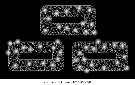 Bright mesh bricks with glare effect. Abstract illuminated model of bricks icon. Shiny wire carcass triangular mesh bricks abstraction in vector format on a black background.