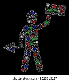 Bright mesh brickwork builder with glow effect. White wire carcass triangular mesh in vector format on a black background. Abstract 2d mesh designed with triangular lines, round dots,