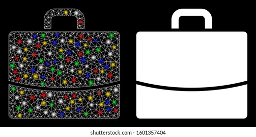 Bright mesh briefcase icon with glitter effect. Abstract illuminated model of briefcase. Shiny wire frame triangular mesh briefcase icon. Vector abstraction on a black background.