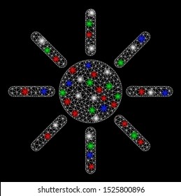 Bright mesh brightness with lightspot effect. White wire frame triangular network in vector format on a black background. Abstract 2d mesh designed with triangular lines, small circle,