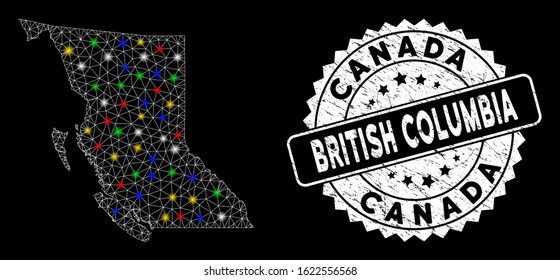 Bright mesh British Columbia Province map with lightspot effect, and stamp. Wire frame polygonal British Columbia Province map mesh in vector format on a black background.