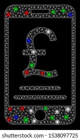 Bright mesh British Pound mobile payment with lightspot effect. White wire carcass triangular mesh in vector format on a black background. Abstract 2d mesh designed with triangular lines, round dots,