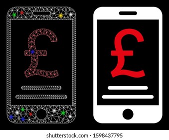 Bright mesh British Pound mobile payment icon with glow effect. Abstract illuminated model of British Pound mobile payment. Shiny wire frame polygonal mesh British Pound mobile payment icon.
