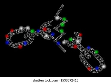 Bright mesh broken chain with glare effect. White wire carcass triangular mesh in vector format on a black background. Abstract 2d mesh created from triangular lines, spheric points,