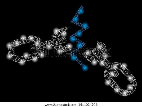 Bright mesh broken chain with glare effect.\
Abstract illuminated model of broken chain icon. Shiny wire carcass\
triangular mesh broken chain abstraction in vector format on a\
black background.