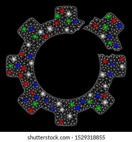 Bright mesh broken gear with lightspot effect. White wire carcass polygonal mesh in vector format on a black background. Abstract 2d mesh designed with polygonal grid, spheric points,