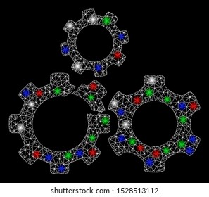 Bright mesh broken gear mechanism with glare effect. White wire frame triangular mesh in vector format on a black background. Abstract 2d mesh designed with triangular lines, round dots,