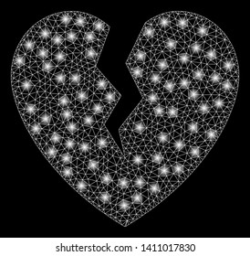 Bright mesh broken heart with lightspot effect. Abstract illuminated model of broken heart icon. Shiny wire carcass triangular mesh broken heart abstraction in vector format on a black background.