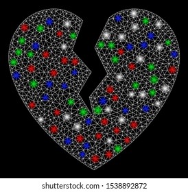 Bright mesh broken heart with lightspot effect. White wire carcass triangular mesh in vector format on a black background. Abstract 2d mesh designed with triangular lines, spheric points,