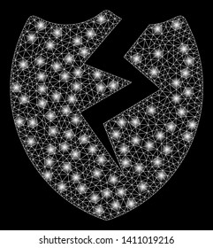 Bright mesh broken shield with glow effect. Abstract illuminated model of broken shield icon. Shiny wire frame triangular mesh broken shield abstraction in vector format on a black background.