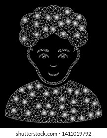 Bright mesh brunet man with glare effect. Abstract illuminated model of brunet man icon. Shiny wire carcass triangular mesh brunet man abstraction in vector format on a black background.