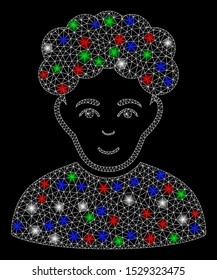 Bright mesh brunet man with glare effect. White wire frame triangular mesh in vector format on a black background. Abstract 2d mesh designed with polygonal grid, spheric points, colorful flash spots.
