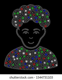 Bright mesh brunet man with glow effect. White wire frame triangular mesh in vector format on a black background. Abstract 2d mesh created from triangular lines, spheric points, colored glare spots.
