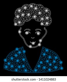 Bright mesh brunette boy with lightspot effect. Abstract illuminated model of brunette boy icon. Shiny wire carcass polygonal mesh brunette boy abstraction in vector format on a black background.