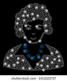 Bright mesh brunette lady with glare effect. Abstract illuminated model of brunette lady icon. Shiny wire carcass triangular mesh brunette lady abstraction in vector format on a black background.