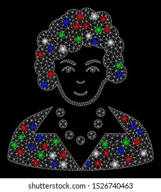 Bright mesh brunette lady with lightspot effect. White wire carcass polygonal mesh in vector format on a black background. Abstract 2d mesh designed with polygonal grid, dots, colored glare spots.