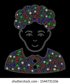 Bright mesh brunette woman with glare effect. White wire carcass triangular mesh in vector format on a black background. Abstract 2d mesh designed with triangular lines, round dots,