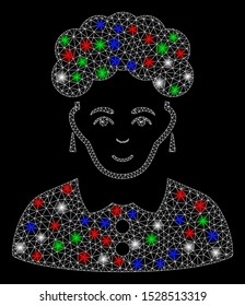 Bright mesh brunette woman with glow effect. White wire carcass triangular mesh in vector format on a black background. Abstract 2d mesh designed with triangular lines, round dots,