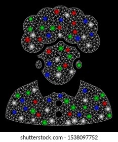 Bright mesh brunette woman with glow effect. White wire carcass polygonal mesh in vector format on a black background. Abstract 2d mesh designed with triangular lines, dots, colorful light spots.