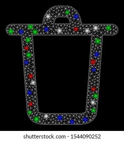 Bright mesh bucket with glare effect. White wire carcass polygonal mesh in vector format on a black background. Abstract 2d mesh built from polygonal grid, points, colored light spots.