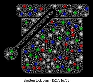 Bright mesh bucket with glow effect. White wire carcass triangular mesh in vector format on a black background. Abstract 2d mesh designed with triangular lines, spheric points, colored flash spots.