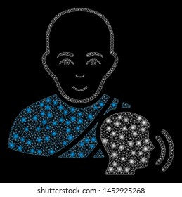 Bright mesh buddhist confession with glare effect. Abstract illuminated model of buddhist confession icon.