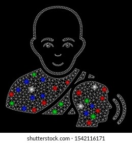 Bright mesh buddhist confession with glare effect. White wire carcass polygonal network in vector format on a black background. Abstract 2d mesh designed with polygonal grid, small circle,