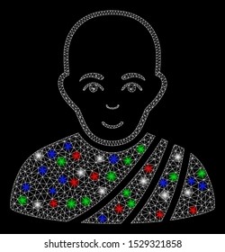 Bright mesh buddhist monk with glare effect. White wire frame triangular mesh in vector format on a black background. Abstract 2d mesh designed with triangles, round dots, colored flare spots.