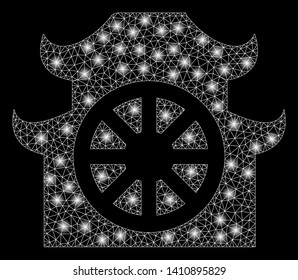 Bright mesh buddhist temple with glow effect. Abstract illuminated model of buddhist temple icon. Shiny wire frame triangular mesh buddhist temple abstraction in vector format on a black background.