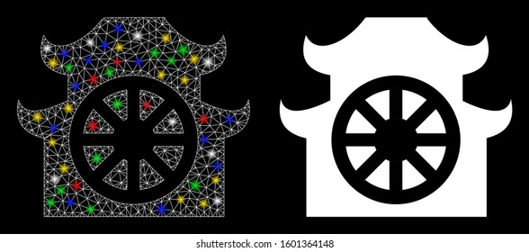 Bright mesh buddhist temple icon with glitter effect. Abstract illuminated model of buddhist temple. Shiny wire frame triangular mesh buddhist temple icon. Vector abstraction on a black background.