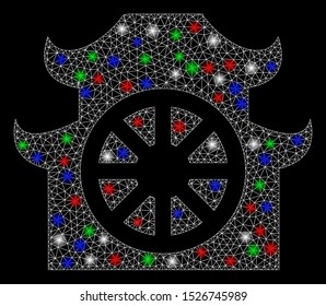 Bright mesh buddhist temple with lightspot effect. White wire carcass polygonal mesh in vector format on a black background. Abstract 2d mesh designed with triangular lines, spheric points,