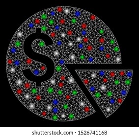 Bright mesh budget pie chart with glow effect. White wire carcass triangular mesh in vector format on a black background. Abstract 2d mesh designed with triangular lines, spheric points,