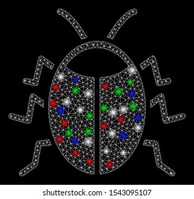 Bright mesh bug with glare effect. White wire frame polygonal mesh in vector format on a black background. Abstract 2d mesh designed with triangular lines, dots, colorful glare spots.