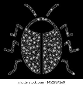 Bright mesh bug with glow effect. Abstract illuminated model of bug icon. Shiny wire carcass polygonal mesh bug abstraction in vector format on a black background.