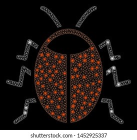 Bright mesh bug with lightspot effect. Abstract illuminated model of bug icon. Shiny wire carcass triangular mesh bug abstraction in vector format on a black background.