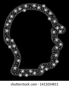 Bright mesh builder head with glow effect. Abstract illuminated model of builder head icon. Shiny wire frame triangular mesh builder head abstraction in vector format on a black background.