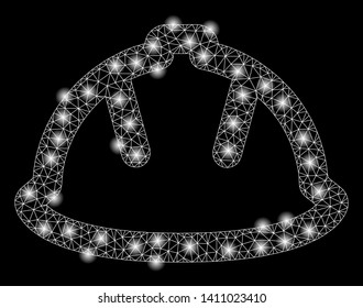 Bright mesh builder helmet with glare effect. Abstract illuminated model of builder helmet icon. Shiny wire carcass polygonal mesh builder helmet abstraction in vector format on a black background.