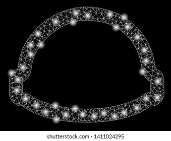 Bright mesh builder helmet with glare effect. Abstract illuminated model of builder helmet icon. Shiny wire frame triangular network builder helmet abstraction in vector format on a black background.