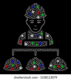 Bright mesh builder management with glare effect. White wire frame polygonal mesh in vector format on a black background. Abstract 2d mesh built from polygonal grid, points, colorful flash spots.