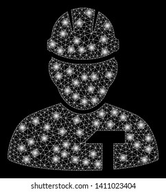 Bright mesh builder person with glare effect. Abstract illuminated model of builder person icon. Shiny wire carcass polygonal mesh builder person abstraction in vector format on a black background.
